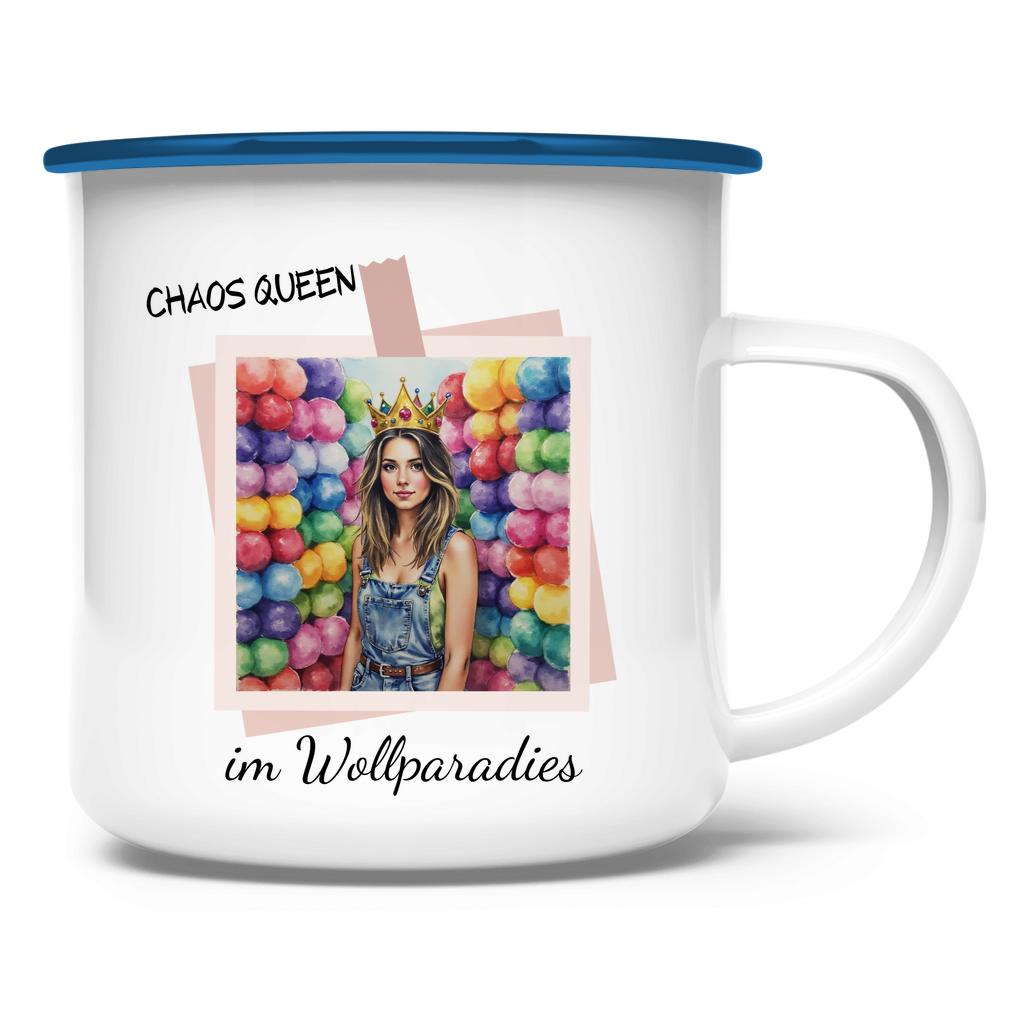 Emaille Tasse Chaos Queen im Wollparadies - Meshmade