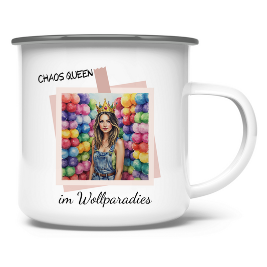 Emaille Tasse Chaos Queen im Wollparadies - Meshmade