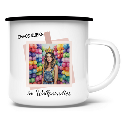 Emaille Tasse Chaos Queen im Wollparadies - Meshmade