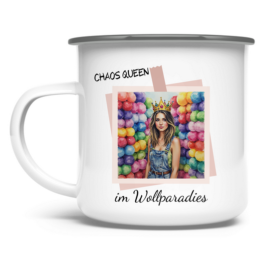 Emaille Tasse Chaos Queen im Wollparadies - Meshmade