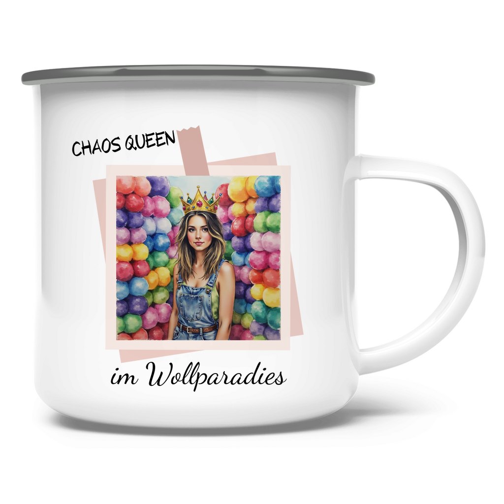 Emaille Tasse Chaos Queen im Wollparadies - Meshmade