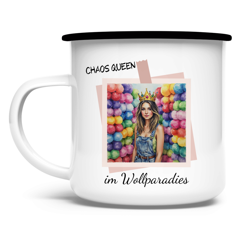 Emaille Tasse Chaos Queen im Wollparadies - Meshmade